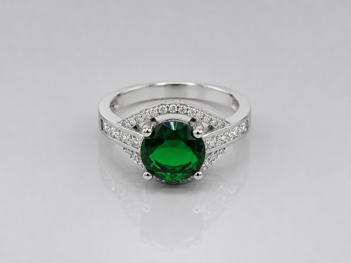 Silver Emerald Round Solitaire Pave Ring