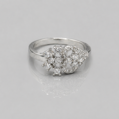 Silver Floral Cluster & Heart Pave Ring
