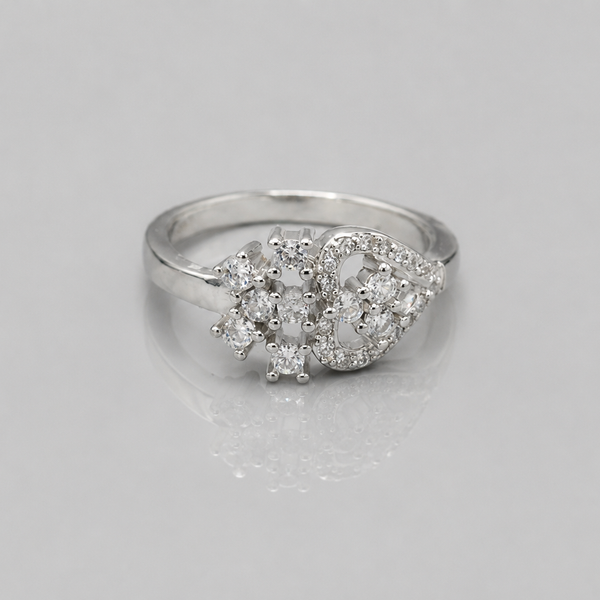 Silver Floral Cluster & Heart Pave Ring