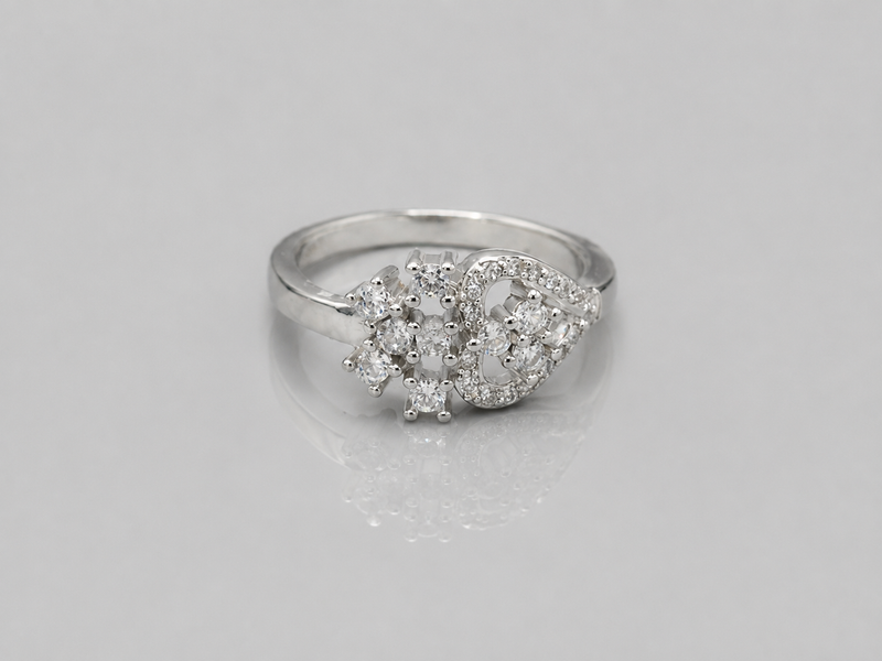Silver Floral Cluster & Heart Pave Ring