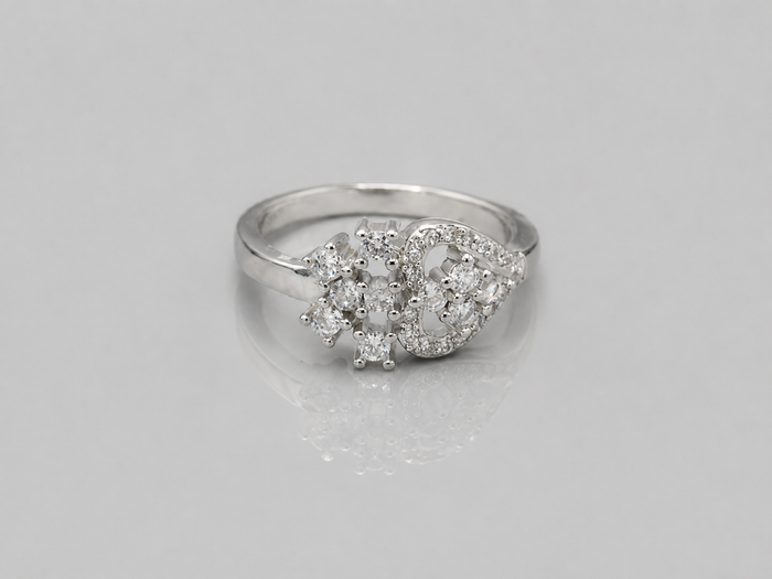 Silver Floral Cluster & Heart Pave Ring
