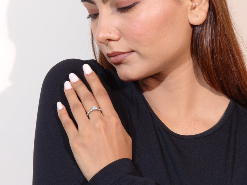 Silver Aqua Round Stone Chevron Ring