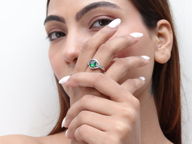 Silver Emerald Round Solitaire Pave Ring