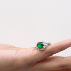 Silver Emerald Round Solitaire Pave Ring