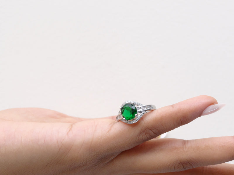 Silver Emerald Round Solitaire Pave Ring