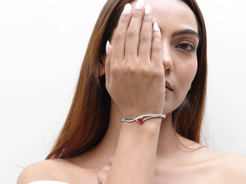 Silver Red Solitaire Crossover Bangle Bracelet