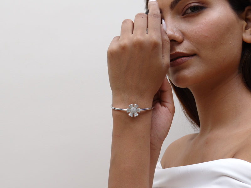 Silver Pinwheel CZ Flower Cuff Bracelet
