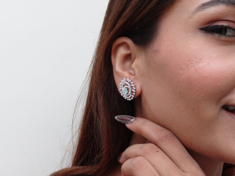 Silver Mint Oval Leaf Wreath Halo Studs