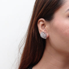 Silver Pink Floral Pave Statement Studs
