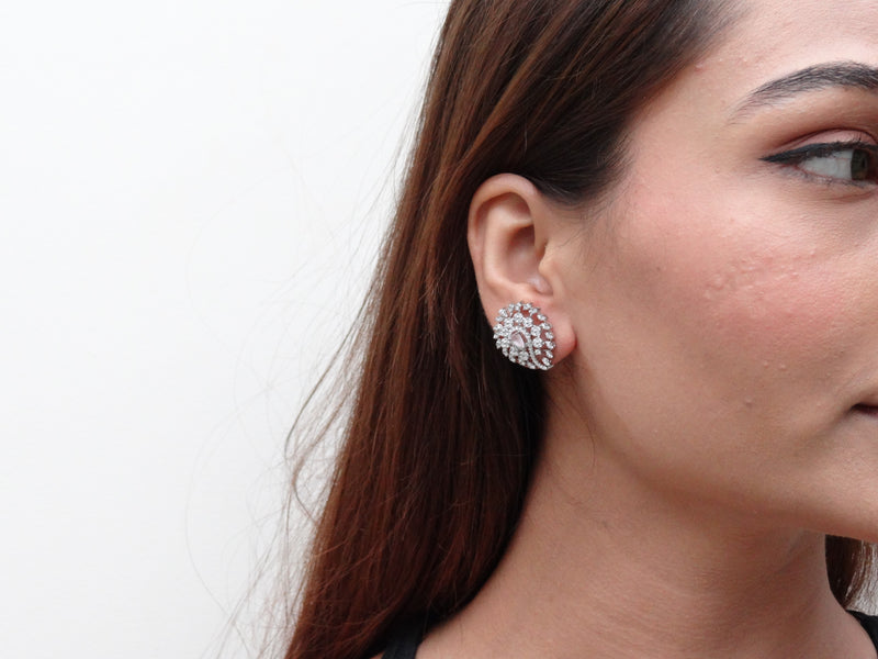 Silver Pink Floral Pave Statement Studs