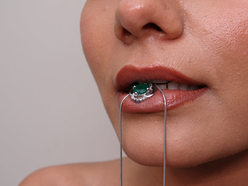 Silver Emerald Round Clover Frame Pendant