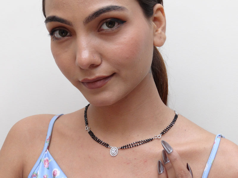 Silver Oval CZ Halo Double-Strand Mangalsutra