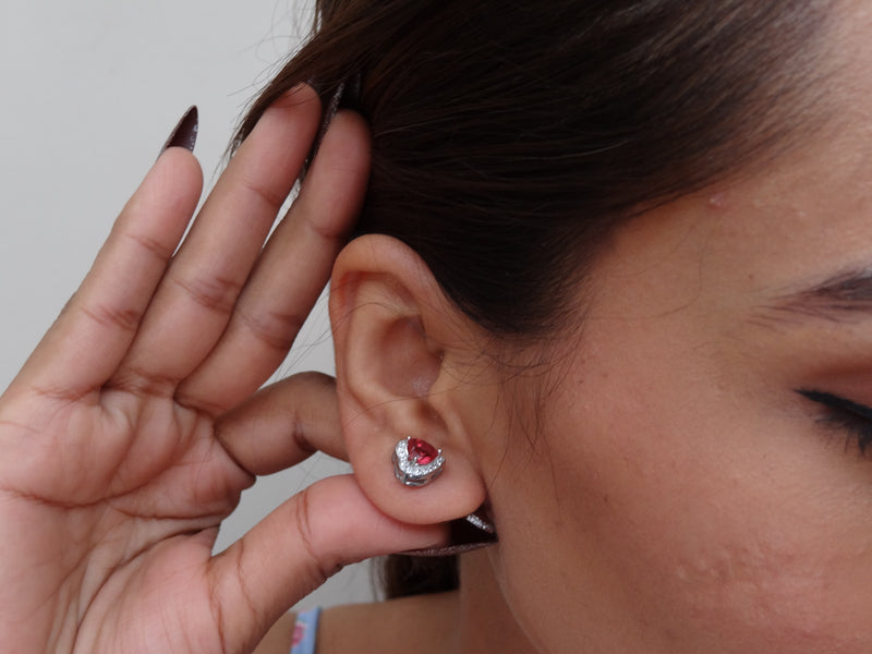 Silver Red Heart CZ Halo Studs