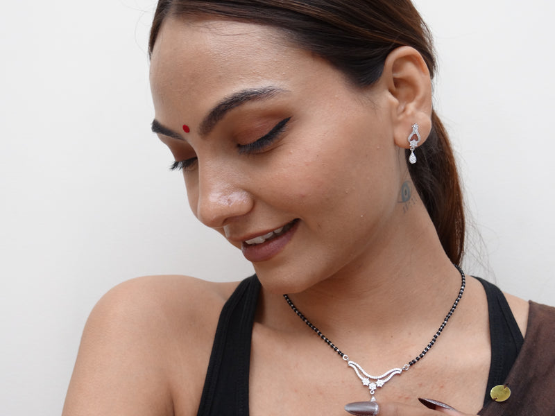 Silver CZ V-Bar Teardrop Mangalsutra