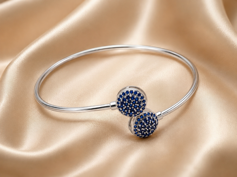 Silver Blue Pavé Double Disc Open Cuff Bracelet