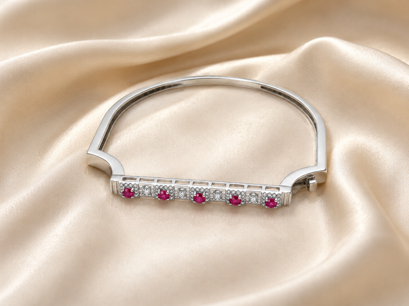 Silver Red Stone Bar Hinged Bracelet