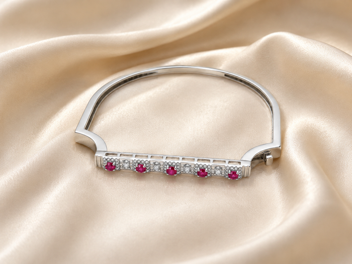 Silver Red Stone Bar Hinged Bracelet