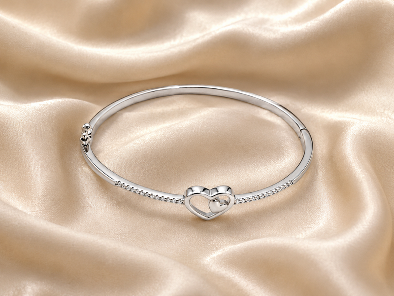 Silver Heart Charm Hinged Bracelet