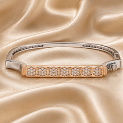 Silver Bracelet with Rose Gold Tone Hexagon Pavé Bar