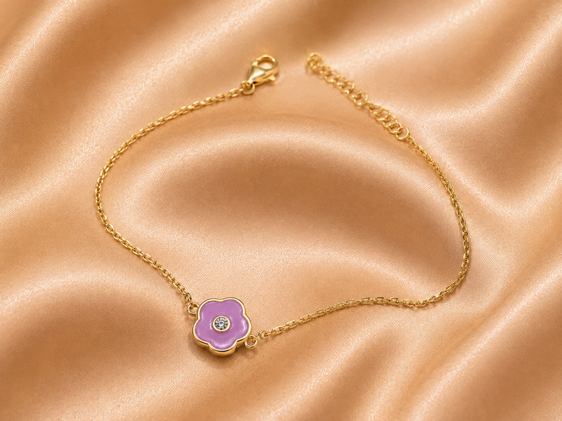 Silver Bracelet with Gold-Tone Purple Flower Charm