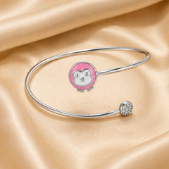 Silver Pink Enamel Animal Face Kids Cuff Bracelet