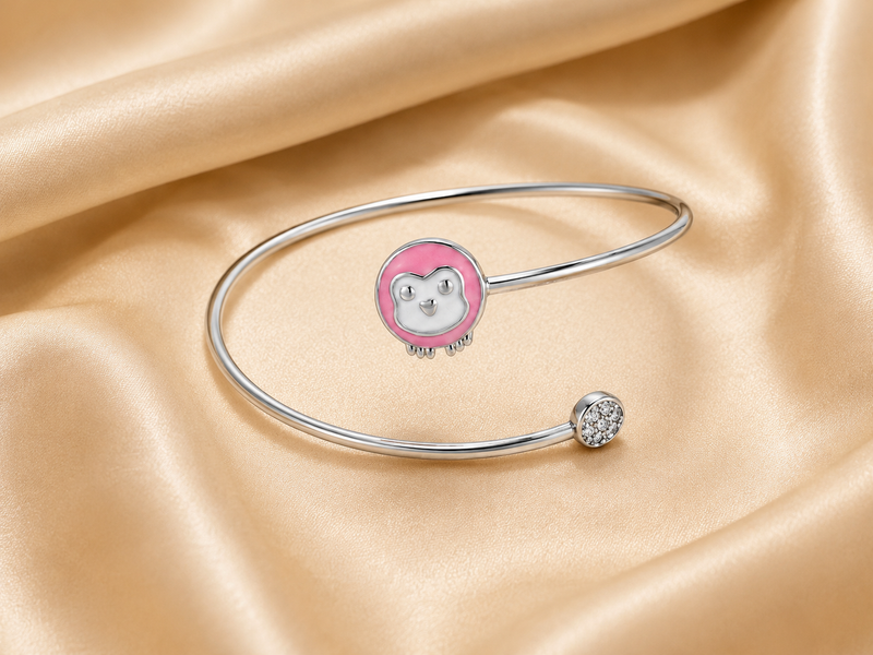 Silver Pink Enamel Animal Face Kids Cuff Bracelet