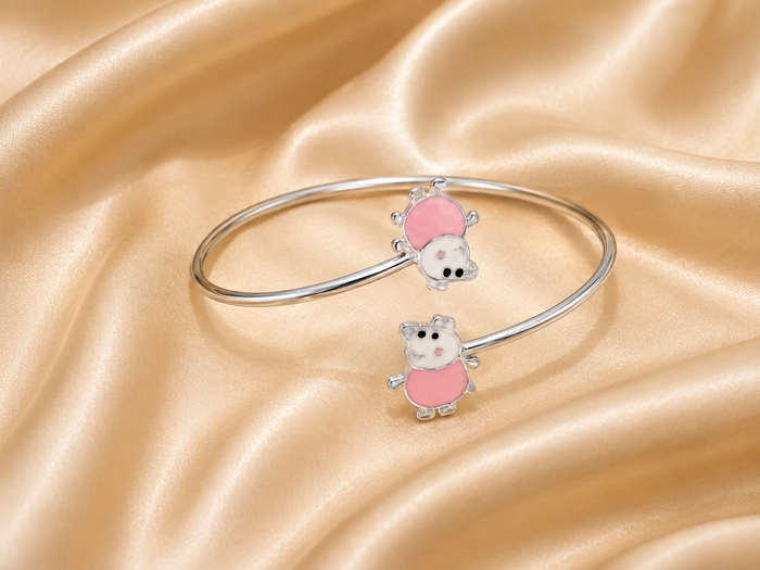 Silver Pink Enamel Animal Duo Kids Cuff Bracelet