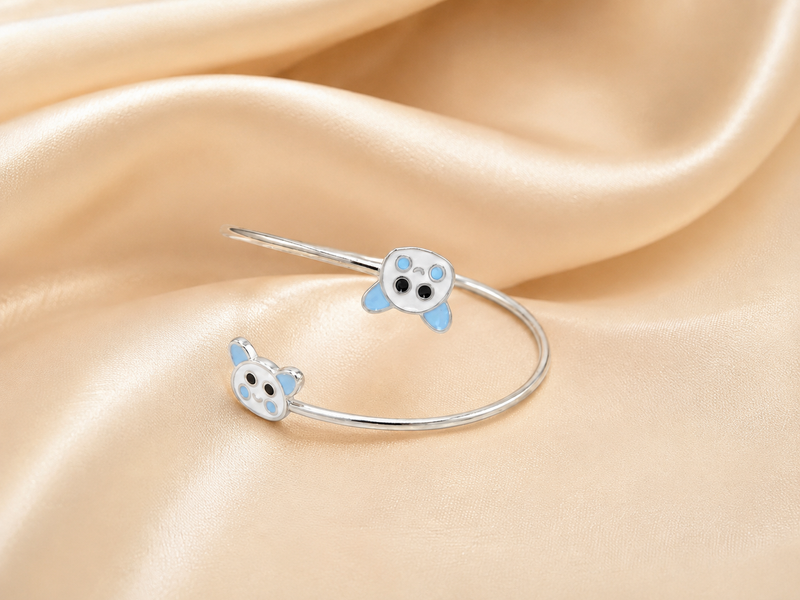 Silver Blue Enamel Twin Animal Kids Cuff Bracelet