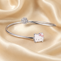 Silver Kitten Face Enamel Kids Cuff Bracelet