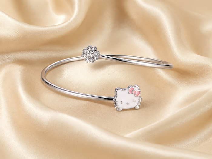 Silver Kitten Face Enamel Kids Cuff Bracelet