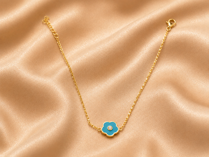 Silver Bracelet with Gold-Tone Turquoise Flower Charm