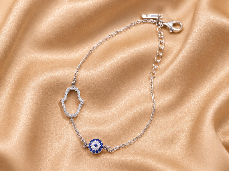Silver Hamsa & Evil Eye Chain Bracelet