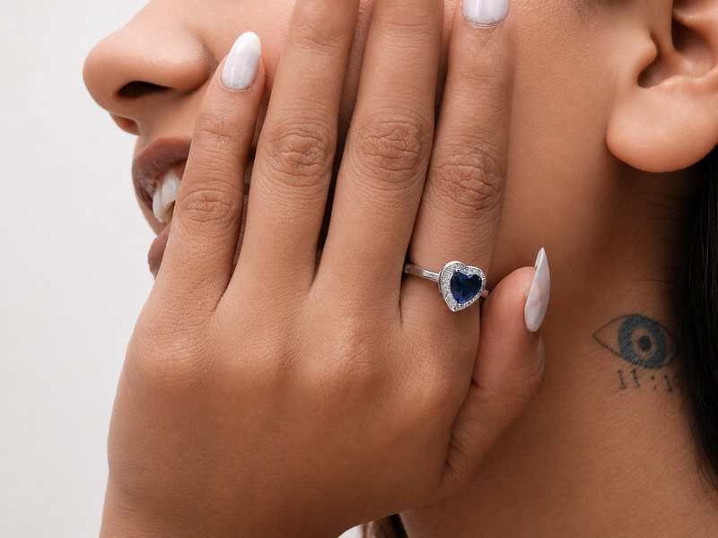 Silver Blue Heart Stone Halo Ring